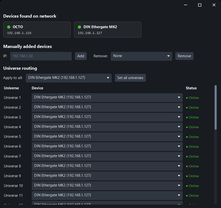 Art-Net nodes found on the network and universe routing in Simple DMX Controller