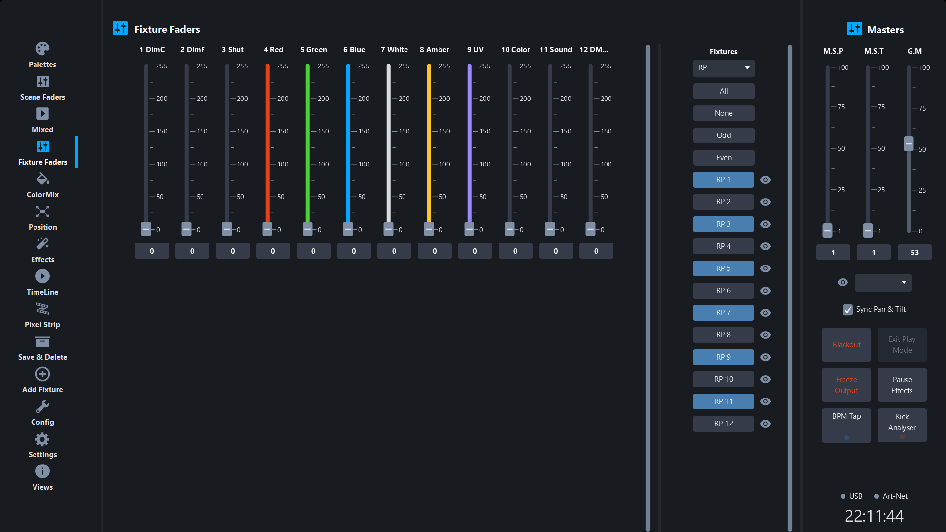 Fixture Faders labelled with channel names from a GDTF file in Simple DMX Controller