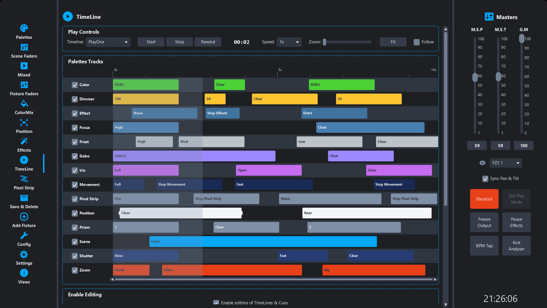 Timeline view in Simple DMX Controller